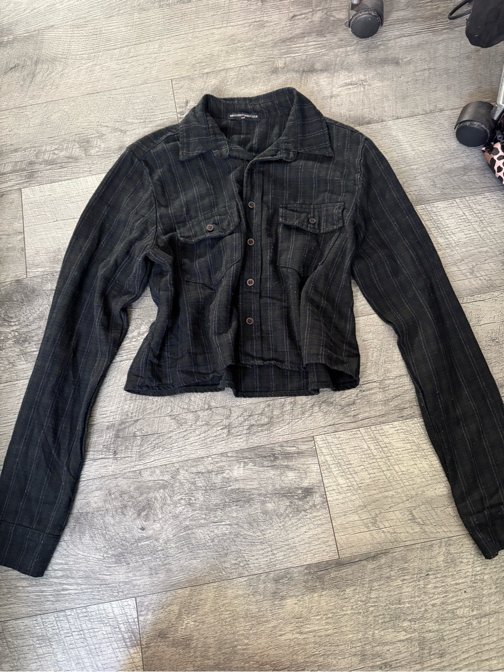 Brandy Melville: Black Plaid Long Sleeve Button-Up Shirt w/ Pockets, S